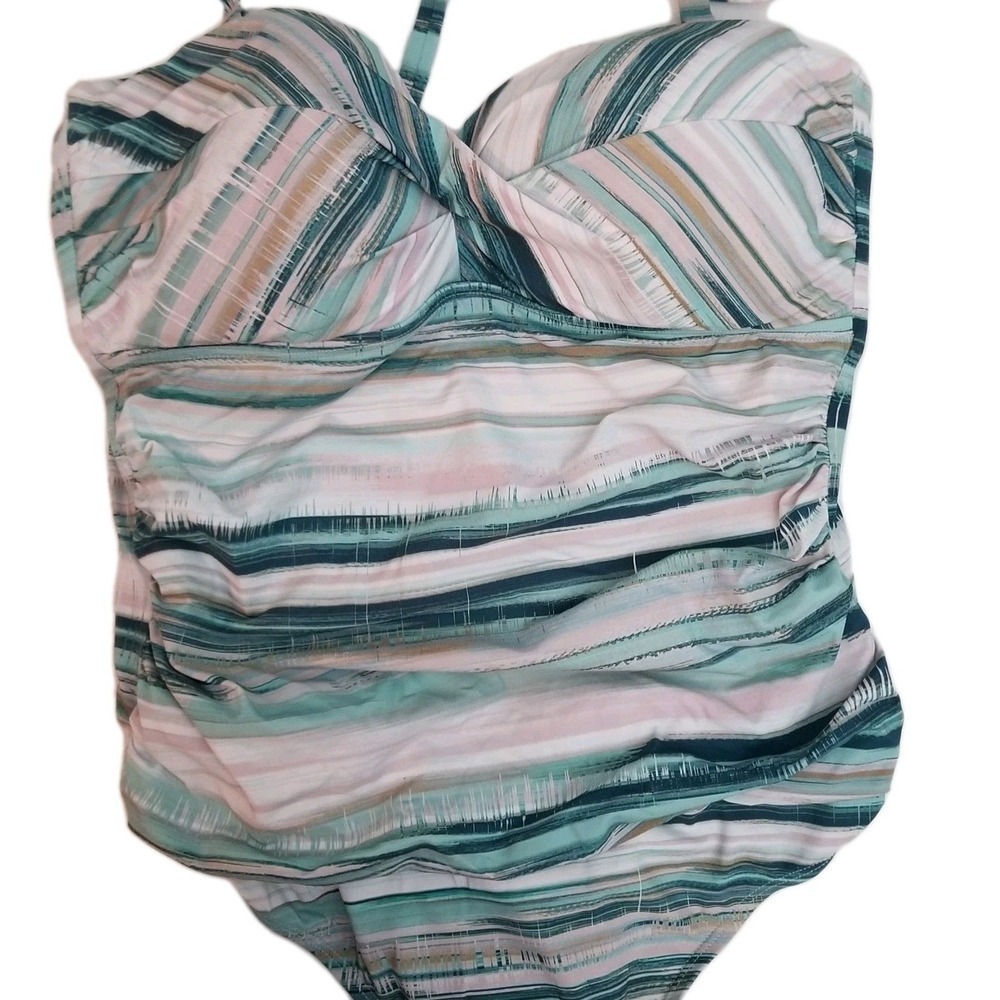 Jantzen Swimsuit size 14 Swimwear One-Piece bathingsuit green white striped